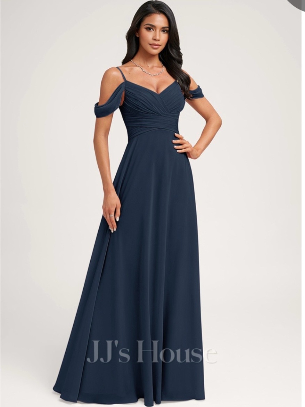 Jasmine Navy Off-Shoulder Ruched A-Line Maxi Dress